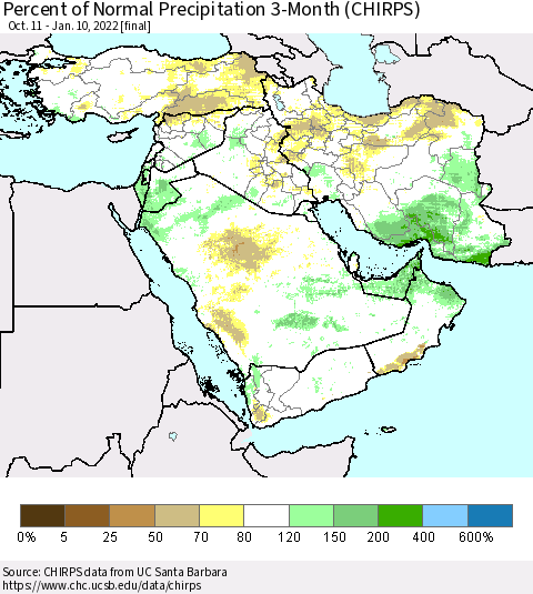 Middle East and Turkey Percent of Normal Precipitation 3-Month (CHIRPS) Thematic Map For 10/11/2021 - 1/10/2022
