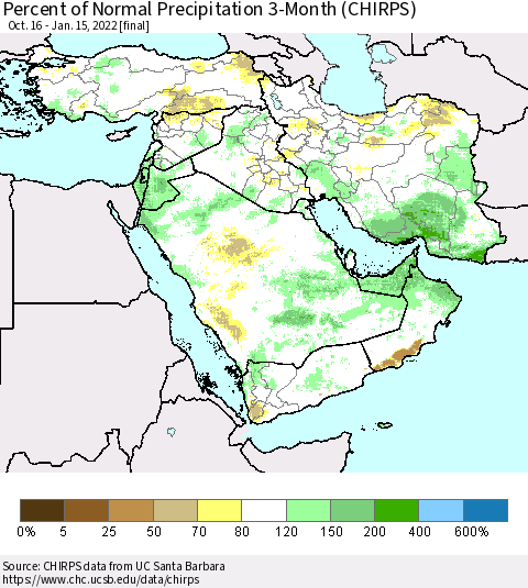 Middle East and Turkey Percent of Normal Precipitation 3-Month (CHIRPS) Thematic Map For 10/16/2021 - 1/15/2022