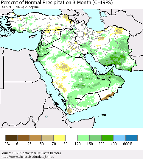 Middle East and Turkey Percent of Normal Precipitation 3-Month (CHIRPS) Thematic Map For 10/21/2021 - 1/20/2022