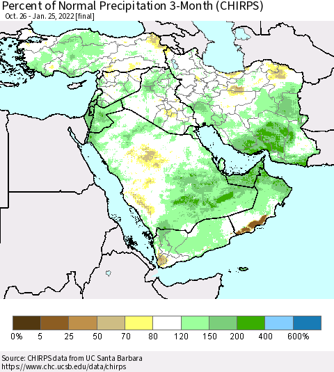 Middle East and Turkey Percent of Normal Precipitation 3-Month (CHIRPS) Thematic Map For 10/26/2021 - 1/25/2022