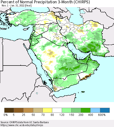 Middle East and Turkey Percent of Normal Precipitation 3-Month (CHIRPS) Thematic Map For 11/1/2021 - 1/31/2022