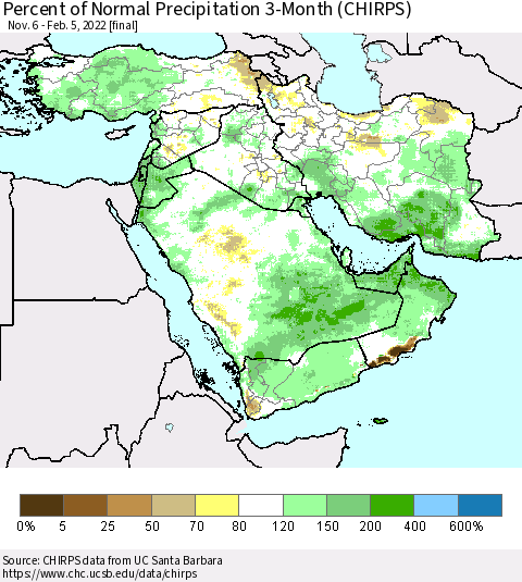 Middle East and Turkey Percent of Normal Precipitation 3-Month (CHIRPS) Thematic Map For 11/6/2021 - 2/5/2022
