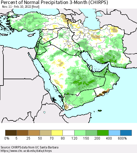 Middle East and Turkey Percent of Normal Precipitation 3-Month (CHIRPS) Thematic Map For 11/11/2021 - 2/10/2022
