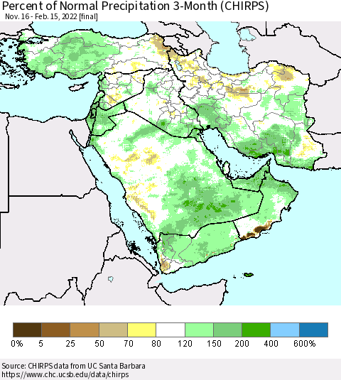 Middle East and Turkey Percent of Normal Precipitation 3-Month (CHIRPS) Thematic Map For 11/16/2021 - 2/15/2022