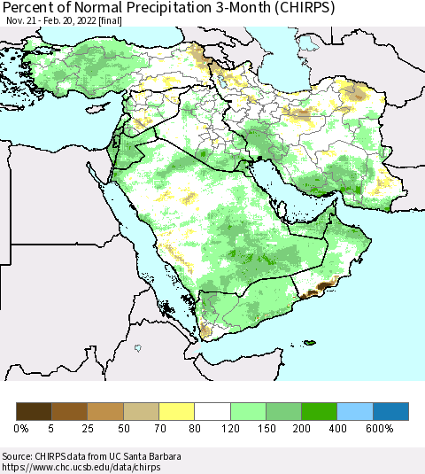 Middle East and Turkey Percent of Normal Precipitation 3-Month (CHIRPS) Thematic Map For 11/21/2021 - 2/20/2022