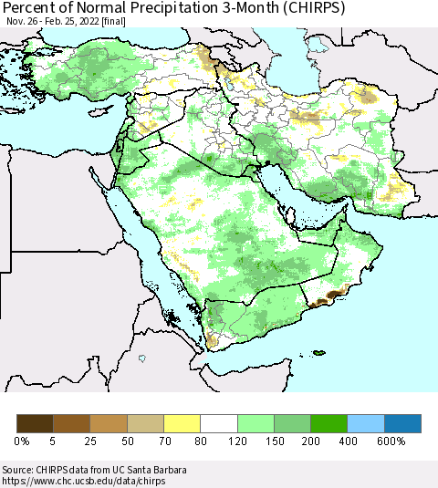 Middle East and Turkey Percent of Normal Precipitation 3-Month (CHIRPS) Thematic Map For 11/26/2021 - 2/25/2022