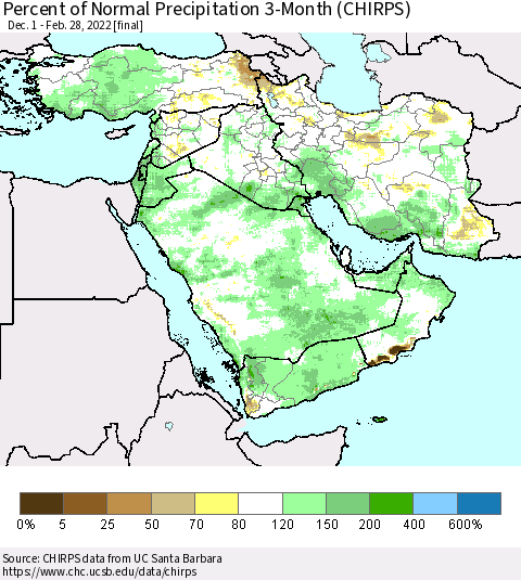 Middle East and Turkey Percent of Normal Precipitation 3-Month (CHIRPS) Thematic Map For 12/1/2021 - 2/28/2022