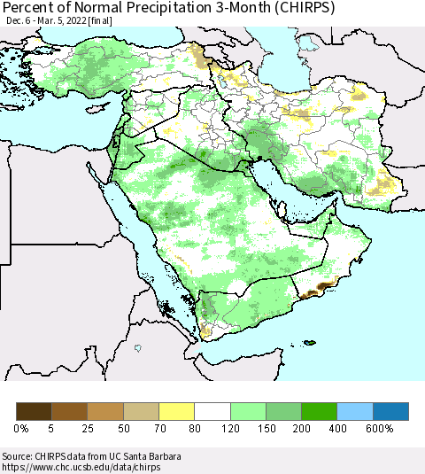 Middle East and Turkey Percent of Normal Precipitation 3-Month (CHIRPS) Thematic Map For 12/6/2021 - 3/5/2022
