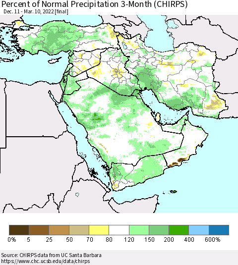 Middle East and Turkey Percent of Normal Precipitation 3-Month (CHIRPS) Thematic Map For 12/11/2021 - 3/10/2022