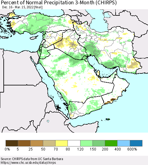 Middle East and Turkey Percent of Normal Precipitation 3-Month (CHIRPS) Thematic Map For 12/16/2021 - 3/15/2022