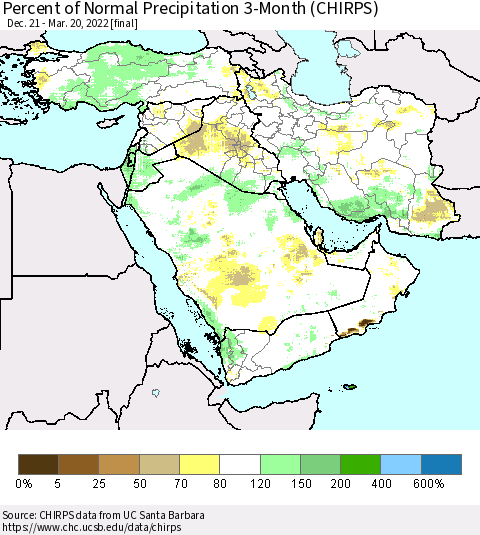 Middle East and Turkey Percent of Normal Precipitation 3-Month (CHIRPS) Thematic Map For 12/21/2021 - 3/20/2022
