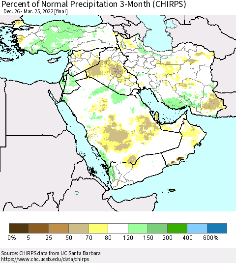 Middle East and Turkey Percent of Normal Precipitation 3-Month (CHIRPS) Thematic Map For 12/26/2021 - 3/25/2022