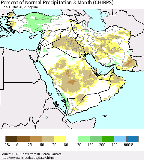 Middle East and Turkey Percent of Normal Precipitation 3-Month (CHIRPS) Thematic Map For 1/1/2022 - 3/31/2022