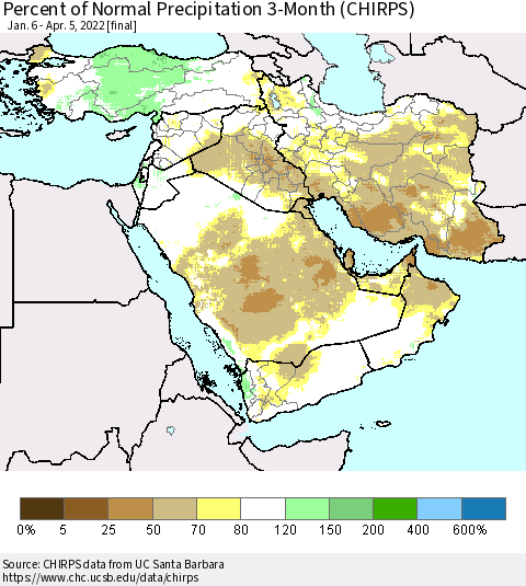 Middle East and Turkey Percent of Normal Precipitation 3-Month (CHIRPS) Thematic Map For 1/6/2022 - 4/5/2022