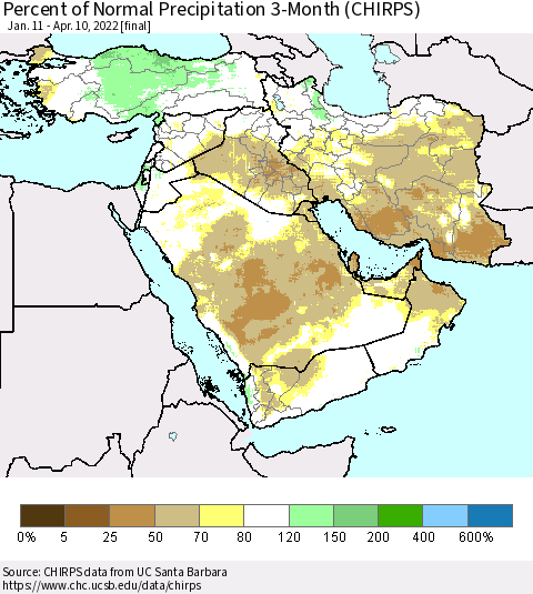 Middle East and Turkey Percent of Normal Precipitation 3-Month (CHIRPS) Thematic Map For 1/11/2022 - 4/10/2022