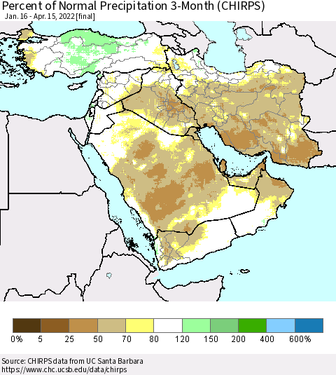 Middle East and Turkey Percent of Normal Precipitation 3-Month (CHIRPS) Thematic Map For 1/16/2022 - 4/15/2022