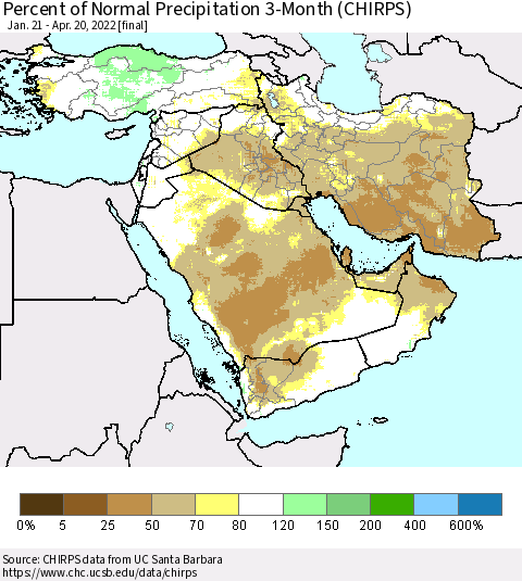 Middle East and Turkey Percent of Normal Precipitation 3-Month (CHIRPS) Thematic Map For 1/21/2022 - 4/20/2022