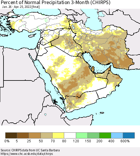 Middle East and Turkey Percent of Normal Precipitation 3-Month (CHIRPS) Thematic Map For 1/26/2022 - 4/25/2022