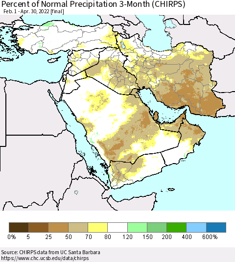 Middle East and Turkey Percent of Normal Precipitation 3-Month (CHIRPS) Thematic Map For 2/1/2022 - 4/30/2022