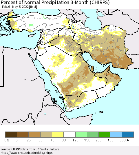 Middle East and Turkey Percent of Normal Precipitation 3-Month (CHIRPS) Thematic Map For 2/6/2022 - 5/5/2022