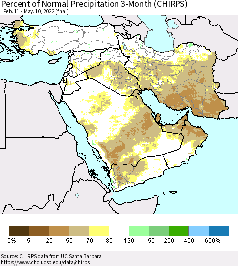 Middle East and Turkey Percent of Normal Precipitation 3-Month (CHIRPS) Thematic Map For 2/11/2022 - 5/10/2022