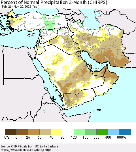 Middle East and Turkey Percent of Normal Precipitation 3-Month (CHIRPS) Thematic Map For 2/21/2022 - 5/20/2022