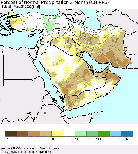 Middle East and Turkey Percent of Normal Precipitation 3-Month (CHIRPS) Thematic Map For 2/26/2022 - 5/25/2022