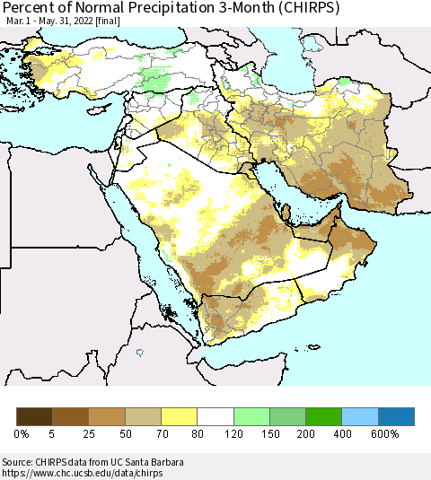 Middle East and Turkey Percent of Normal Precipitation 3-Month (CHIRPS) Thematic Map For 3/1/2022 - 5/31/2022