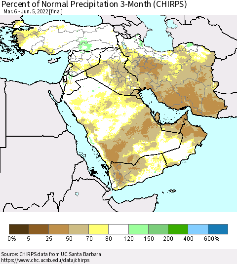 Middle East and Turkey Percent of Normal Precipitation 3-Month (CHIRPS) Thematic Map For 3/6/2022 - 6/5/2022
