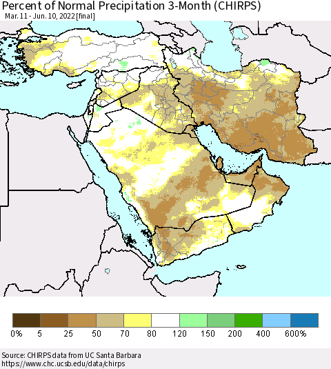 Middle East and Turkey Percent of Normal Precipitation 3-Month (CHIRPS) Thematic Map For 3/11/2022 - 6/10/2022