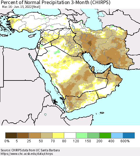 Middle East and Turkey Percent of Normal Precipitation 3-Month (CHIRPS) Thematic Map For 3/16/2022 - 6/15/2022