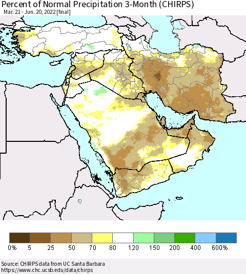 Middle East and Turkey Percent of Normal Precipitation 3-Month (CHIRPS) Thematic Map For 3/21/2022 - 6/20/2022