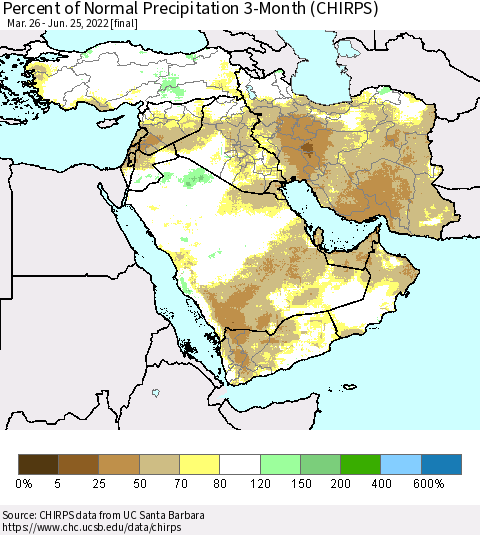 Middle East and Turkey Percent of Normal Precipitation 3-Month (CHIRPS) Thematic Map For 3/26/2022 - 6/25/2022
