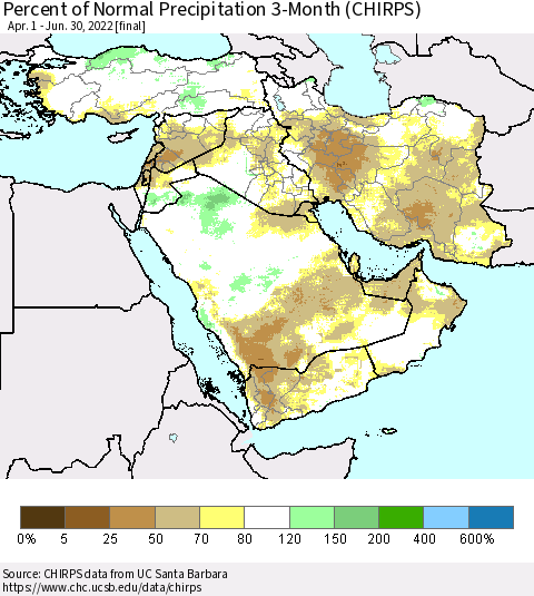 Middle East and Turkey Percent of Normal Precipitation 3-Month (CHIRPS) Thematic Map For 4/1/2022 - 6/30/2022