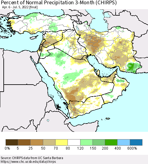 Middle East and Turkey Percent of Normal Precipitation 3-Month (CHIRPS) Thematic Map For 4/6/2022 - 7/5/2022