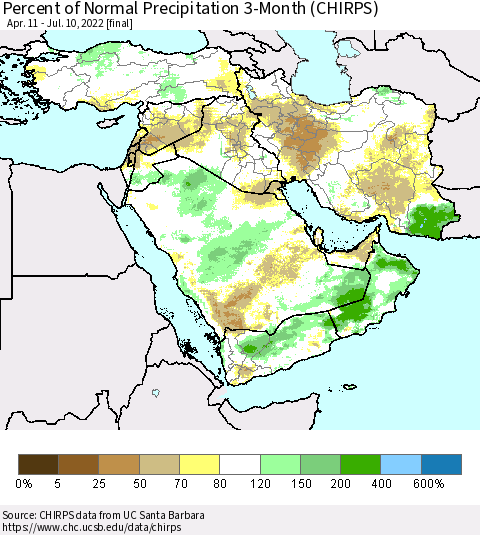 Middle East and Turkey Percent of Normal Precipitation 3-Month (CHIRPS) Thematic Map For 4/11/2022 - 7/10/2022