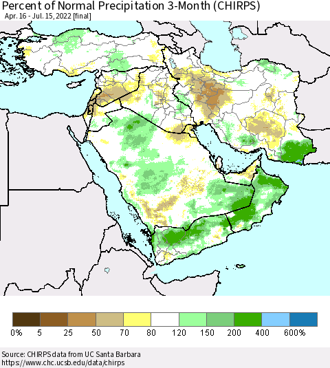 Middle East and Turkey Percent of Normal Precipitation 3-Month (CHIRPS) Thematic Map For 4/16/2022 - 7/15/2022