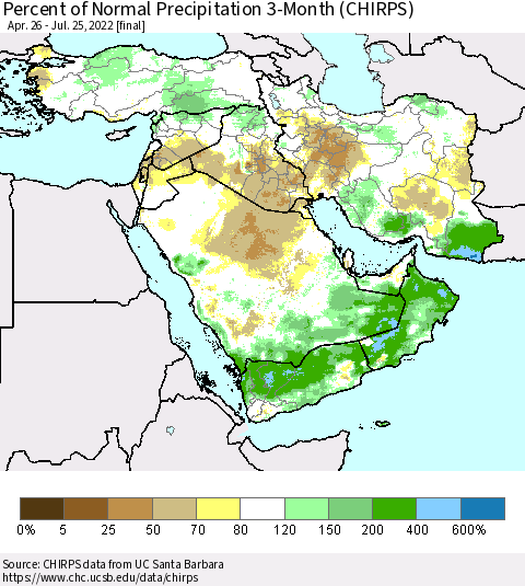 Middle East and Turkey Percent of Normal Precipitation 3-Month (CHIRPS) Thematic Map For 4/26/2022 - 7/25/2022
