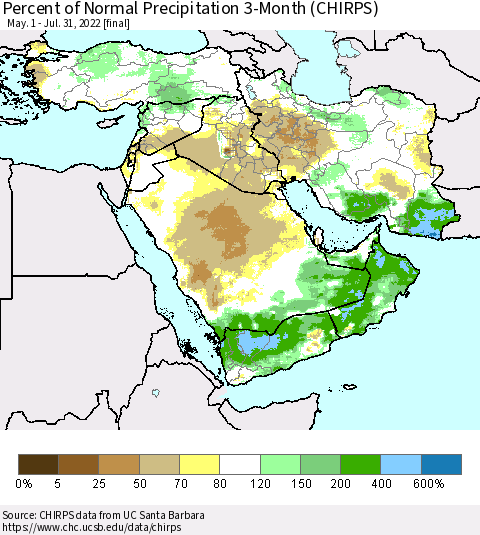 Middle East and Turkey Percent of Normal Precipitation 3-Month (CHIRPS) Thematic Map For 5/1/2022 - 7/31/2022