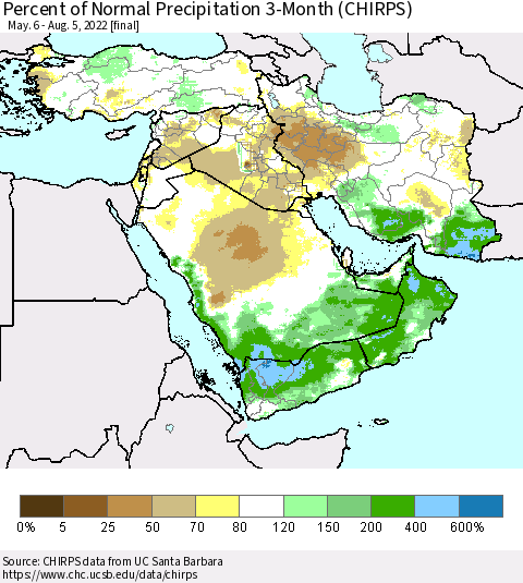 Middle East and Turkey Percent of Normal Precipitation 3-Month (CHIRPS) Thematic Map For 5/6/2022 - 8/5/2022