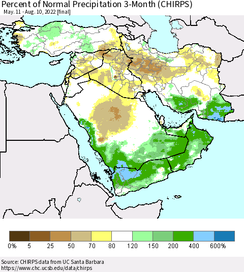 Middle East and Turkey Percent of Normal Precipitation 3-Month (CHIRPS) Thematic Map For 5/11/2022 - 8/10/2022