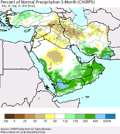 Middle East and Turkey Percent of Normal Precipitation 3-Month (CHIRPS) Thematic Map For 5/16/2022 - 8/15/2022