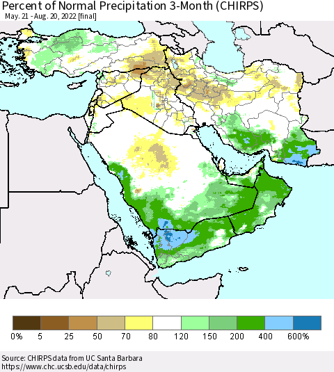 Middle East and Turkey Percent of Normal Precipitation 3-Month (CHIRPS) Thematic Map For 5/21/2022 - 8/20/2022