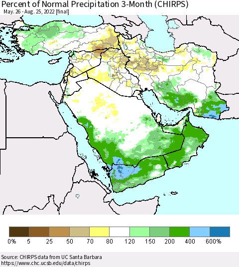 Middle East and Turkey Percent of Normal Precipitation 3-Month (CHIRPS) Thematic Map For 5/26/2022 - 8/25/2022
