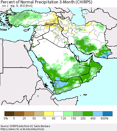 Middle East and Turkey Percent of Normal Precipitation 3-Month (CHIRPS) Thematic Map For 6/1/2022 - 8/31/2022