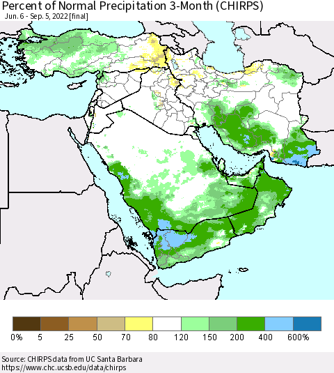 Middle East and Turkey Percent of Normal Precipitation 3-Month (CHIRPS) Thematic Map For 6/6/2022 - 9/5/2022