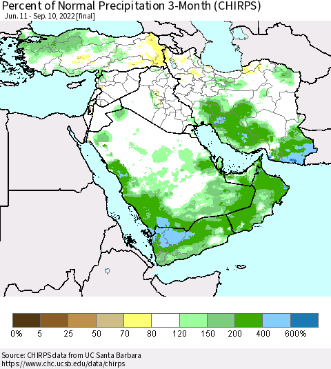 Middle East and Turkey Percent of Normal Precipitation 3-Month (CHIRPS) Thematic Map For 6/11/2022 - 9/10/2022