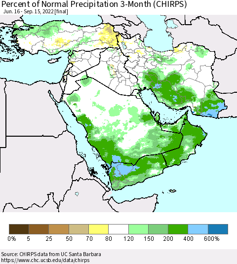 Middle East and Turkey Percent of Normal Precipitation 3-Month (CHIRPS) Thematic Map For 6/16/2022 - 9/15/2022