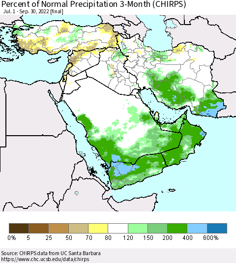 Middle East and Turkey Percent of Normal Precipitation 3-Month (CHIRPS) Thematic Map For 7/1/2022 - 9/30/2022