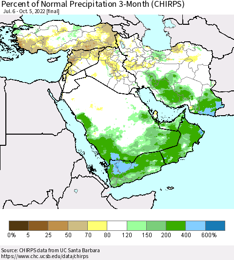Middle East and Turkey Percent of Normal Precipitation 3-Month (CHIRPS) Thematic Map For 7/6/2022 - 10/5/2022